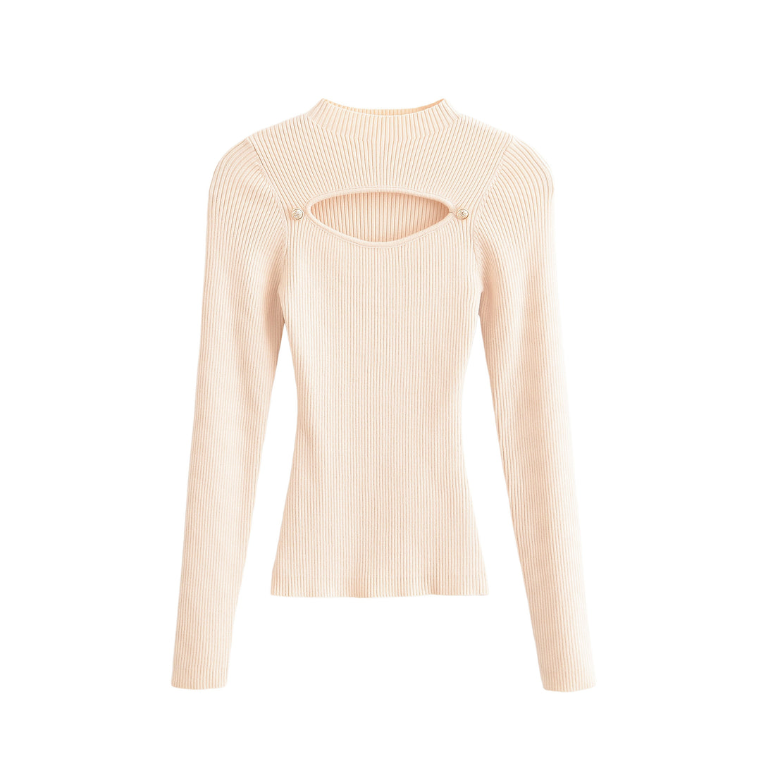 Women's Ribbed Stretch Fine Knit Sweater with Chest Cut-Out and Decorative Buttons Amarae