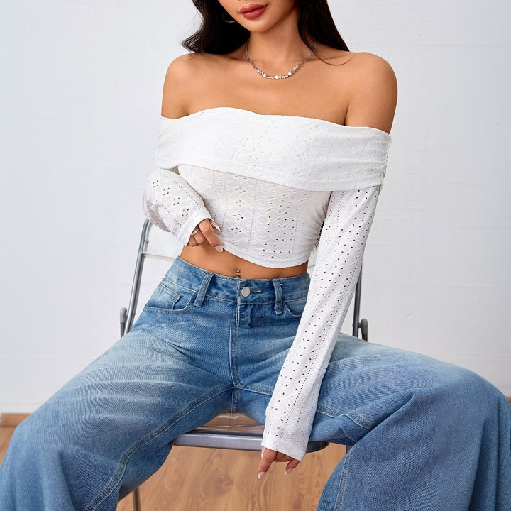 T-shirt court décolleté plongeant pour femmes avec manches bouffantes longues et structure en dentelle élégante Chic & Stil