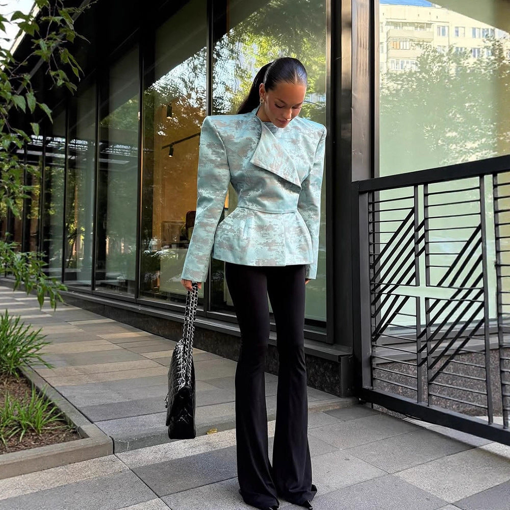 Ladies Tailored Jacquard Blazer with Defined Shoulders, Peplum and Asymmetrical Lapel Amarae
