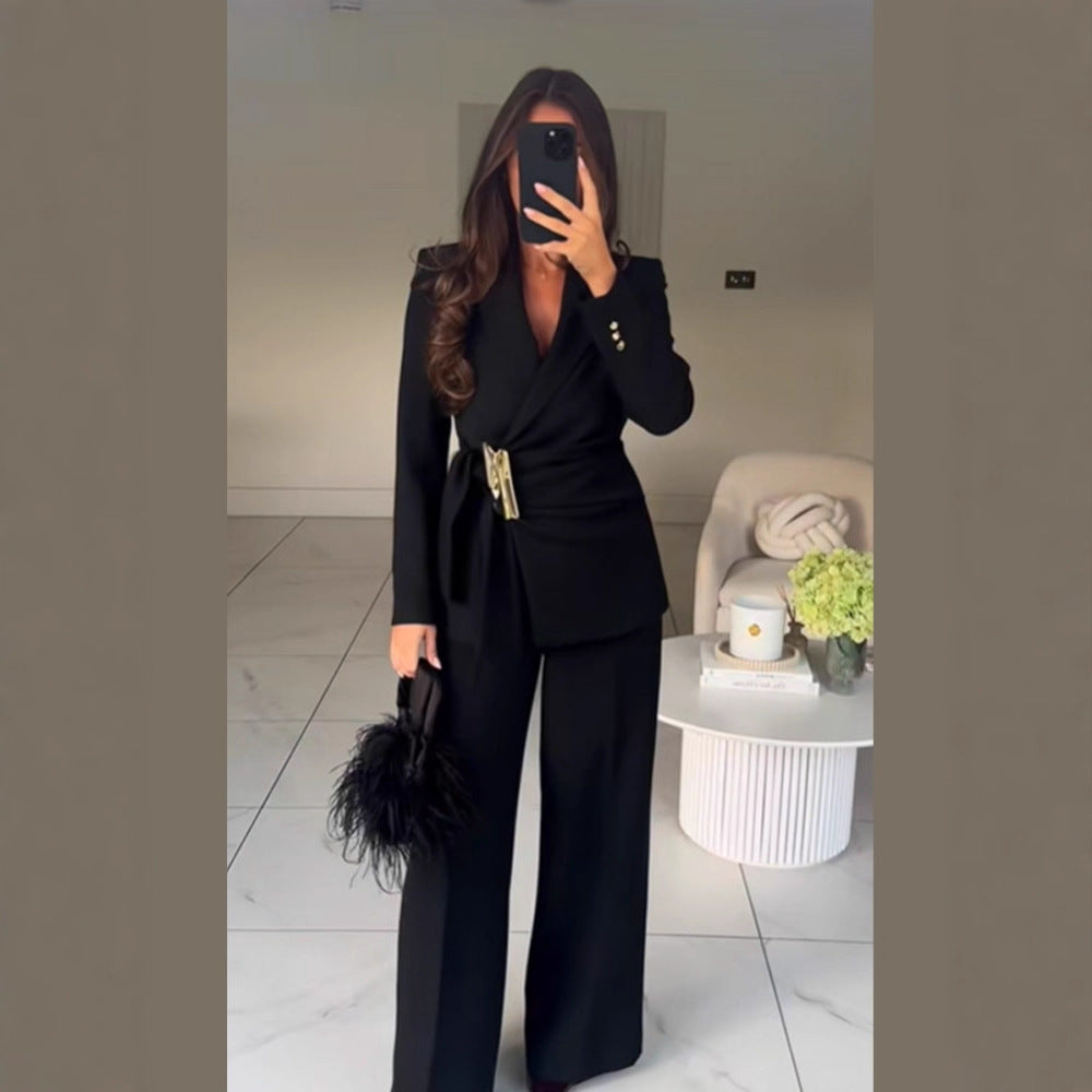 Women's Tailored Wrap Blazer with Decorative Metal Buckle & High-Waist Palazzo Pants Amarae