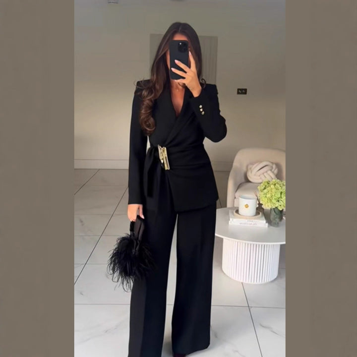 Women's Tailored Wrap Blazer with Decorative Metal Buckle & High-Waist Palazzo Pants Amarae