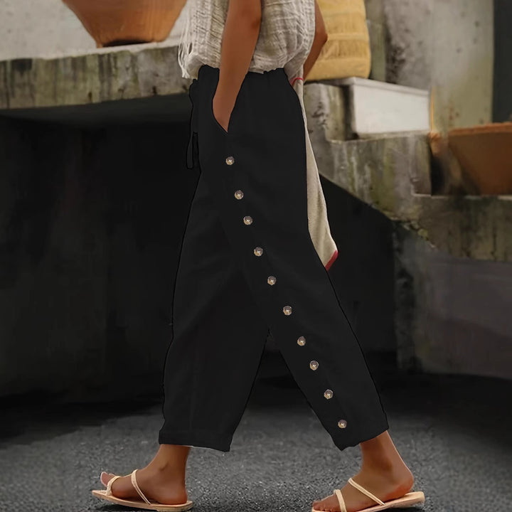Lune London Women's trendy palazzo pants with button details and elastic waist