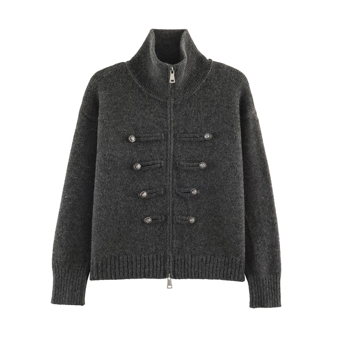 Women's cardigan with zipper, high stand-up collar, and decorative button plackets Amarae
