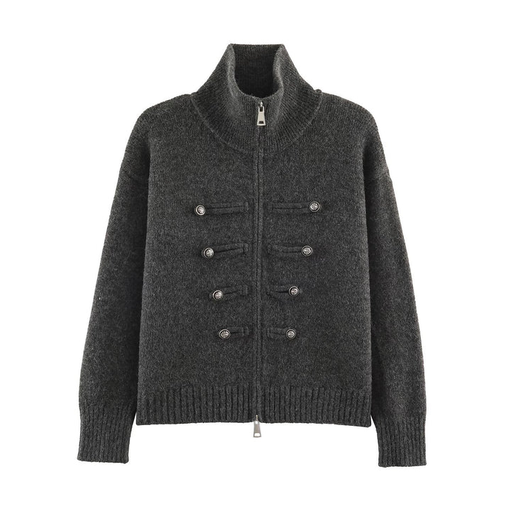 Women's cardigan with zipper, high stand-up collar, and decorative button plackets Amarae