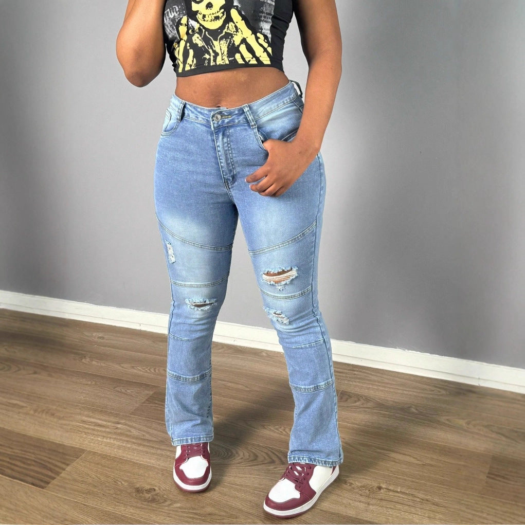 Women's jeans pants with high waist, straight leg, knee ribs and panel seams Amarae