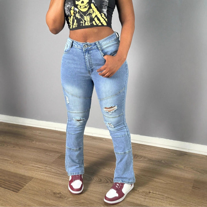 Women's jeans pants with high waist, straight leg, knee ribs and panel seams Amarae