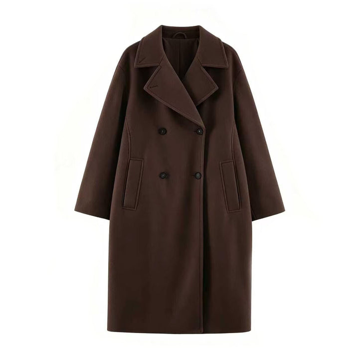 Women Mid-Length Wool Blend Double-Breasted Coat with Wide Lapels and Side Pockets Amarae