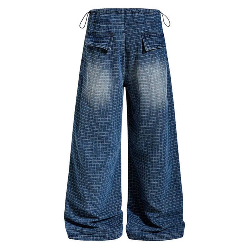 Women's Loose High-Waist Culotte Jeans with Drawstring, Check Pattern and Adjustable Hem Amarae