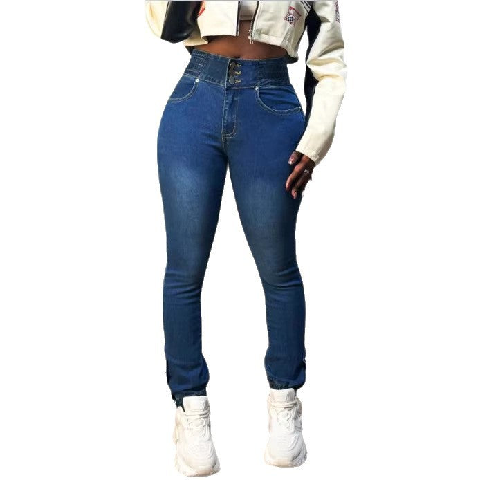 Women high-waisted shaping skinny jeans with double waistband closure and adjustable ankle drawstring Amarae