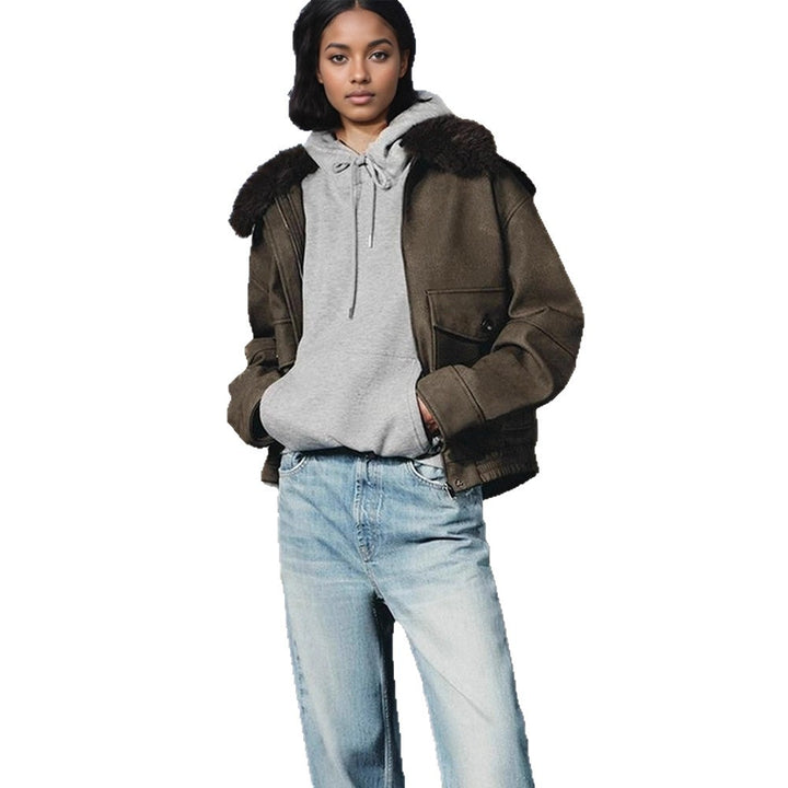 Women's short jacket in aviator style with faux fur hood and patch pockets Amarae