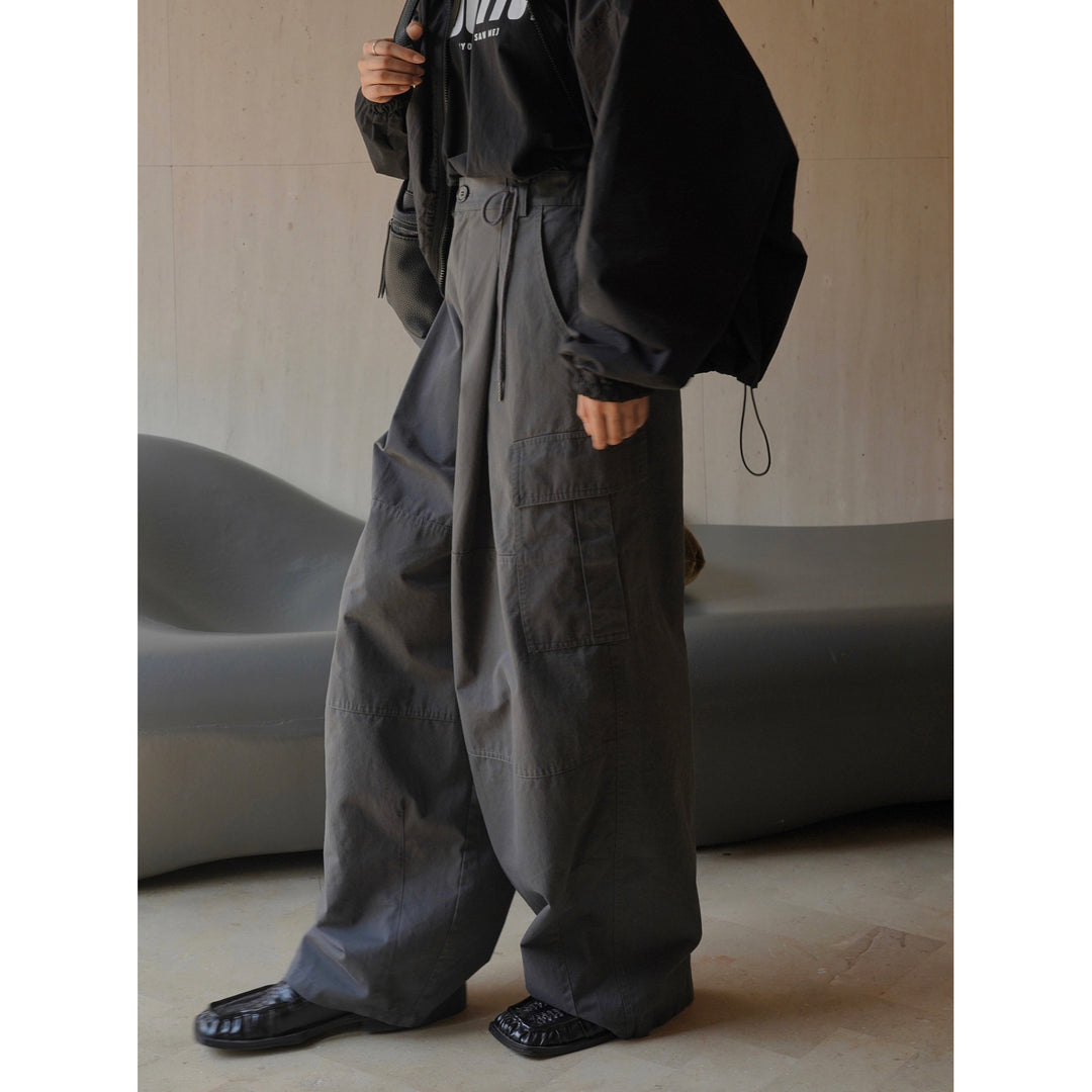 Women's Wide High-Waist Cargo Palazzo Pants with Drawstring Waistband and Patch Pockets Amarae