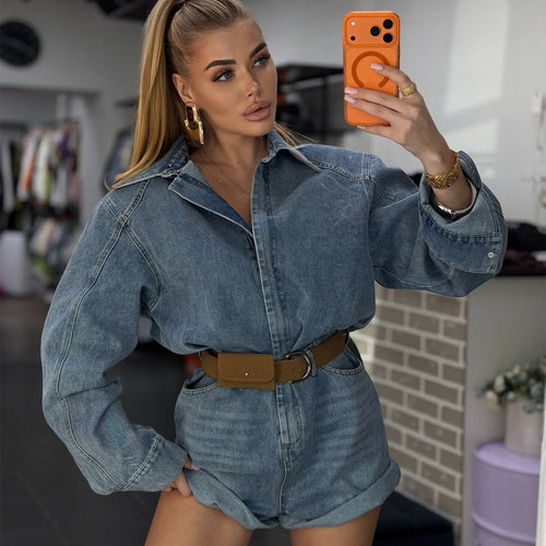 Women's Denim Shorts Overall with Boxy Shirt Top and Waist Belt Amarae