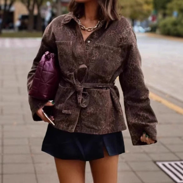 Women's denim jacket with flexible belted waist and animal print Amarae