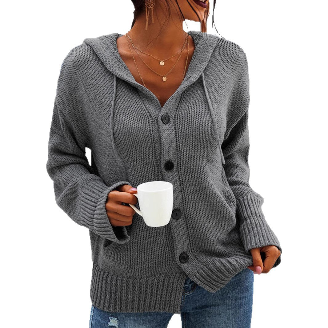 Women's knitted jacket with hood and buttons in a casual chic style
