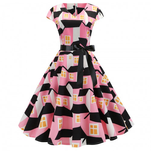 Robe swing femme avec imprimé maison et une ceinture étroite à la taille Chic & Stil