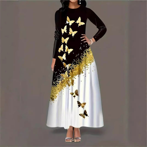Maxi dress for women with an elegant butterfly pattern and a sparkling gold accent Amarae