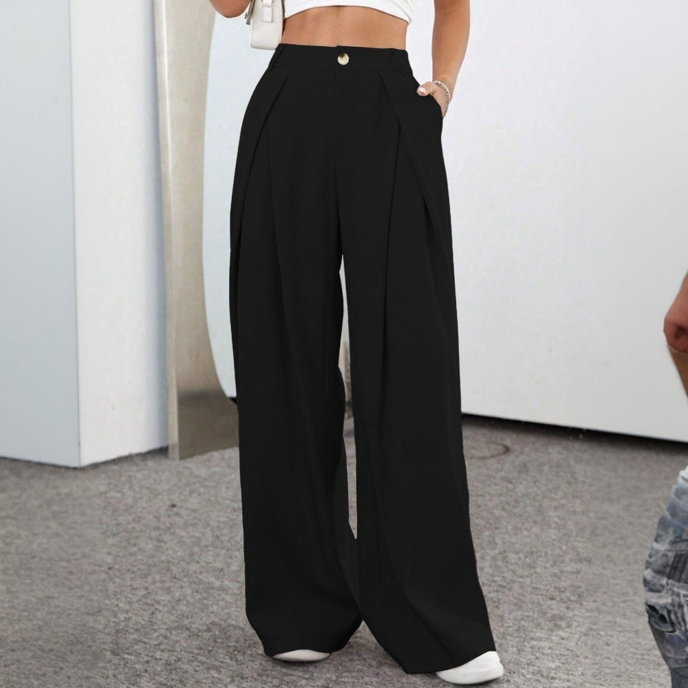 Pantalons palazzo taille haute généreux pour femme avec plis élégants et bouton visible Chic & Stil