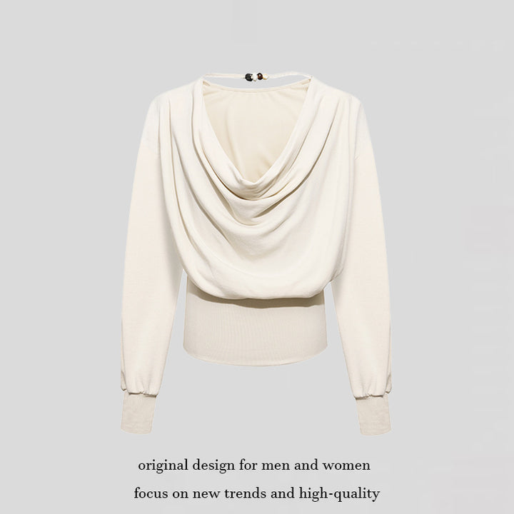 Women Draped Long Sleeve Top with Waterfall Collar, Open Back Strap and Fitted Ribbed Hem Amarae