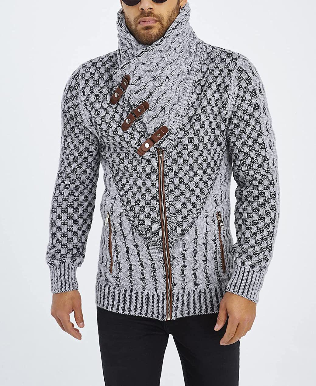 Fashion knit jacket for men with asymmetric zipper and unique cable pattern Lune London