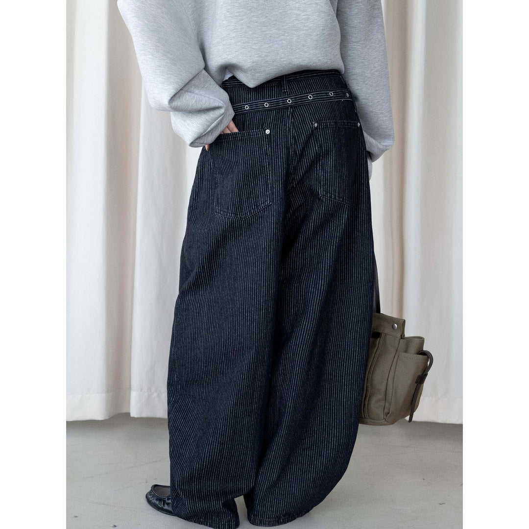 Women's Extra Wide High-Waist Pinstripe Denim Baggy Culotte with Pleats