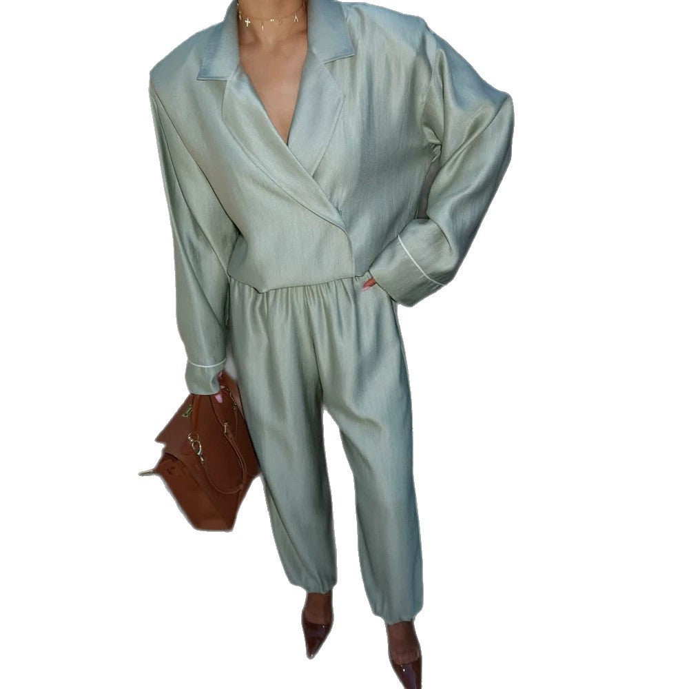 Women's satin two-piece set with wrap blouse, wide pants and elastic waistband Amarae