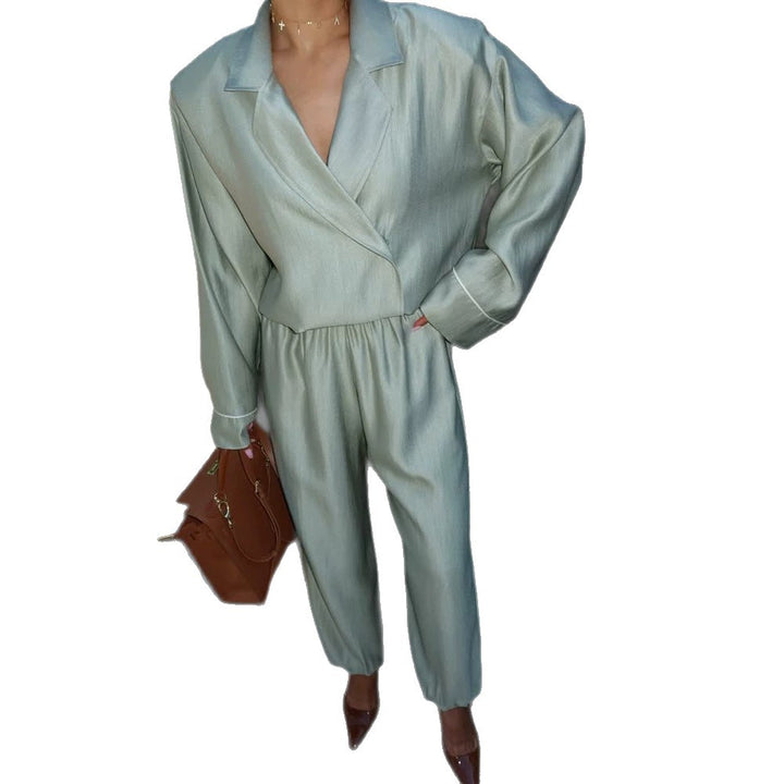 Women's satin two-piece set with wrap blouse, wide pants and elastic waistband Amarae