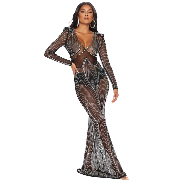 Evening dress for women in mesh with rhinestone embellishments Lune London