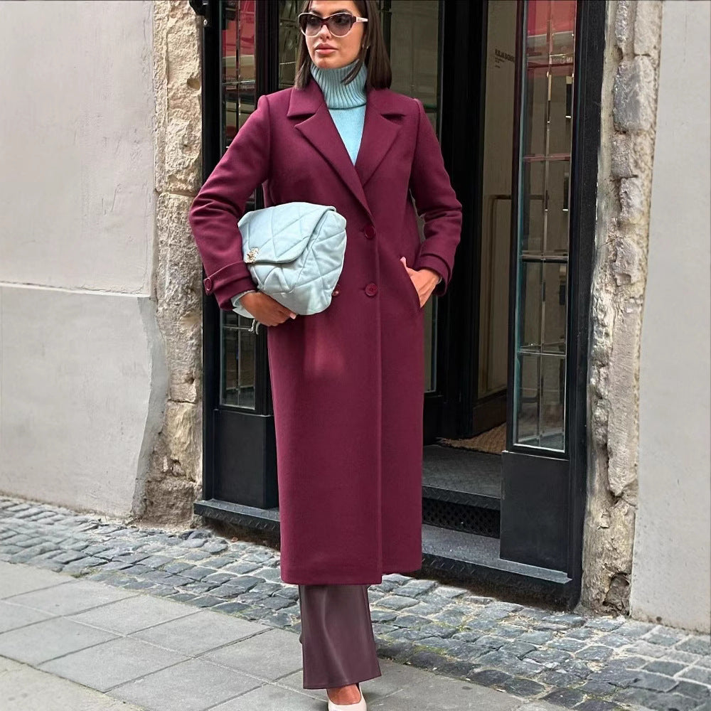 Ladies Tailored Long Coat made of Wool Blend with Shawl Collar and Clean-Cut Silhouette Amarae