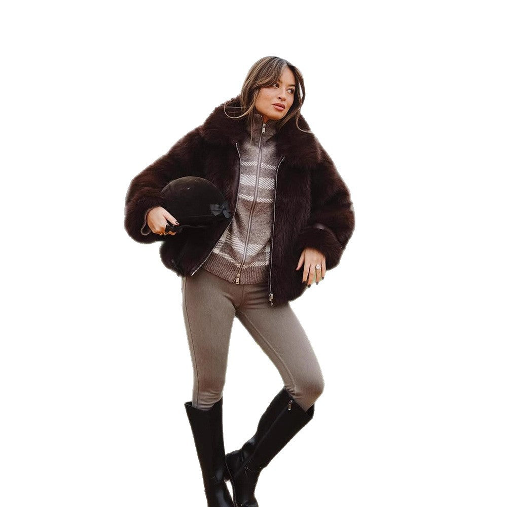 Women's Short Voluminous Faux Fur Bomber Jacket with Zipper and Shawl Collar Amarae