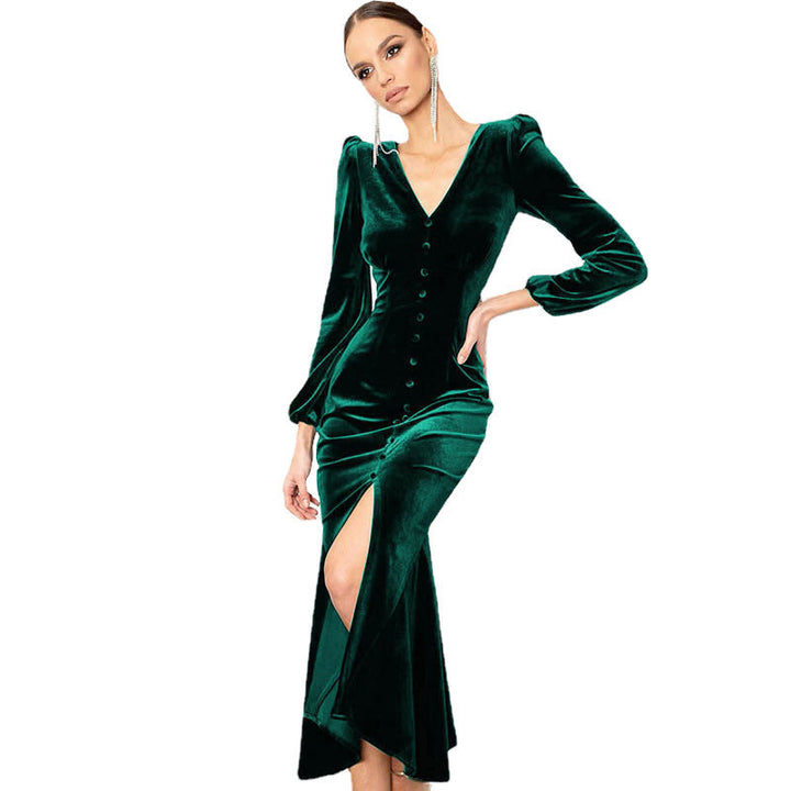 Maxi velvet dress for women with deep V-neckline and button details Lune London
