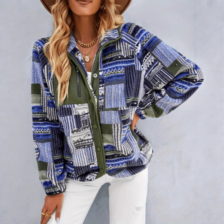 Ladies Plush Printed Jacket with High Collar and Snap Closure Lune London