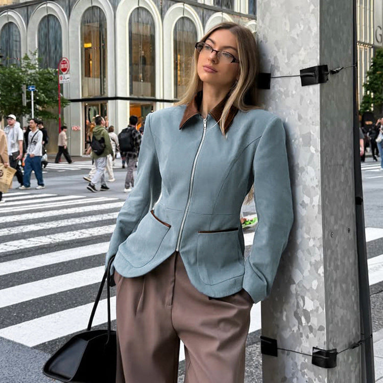 Women's Fitted Velvet Blazer with Zipper and Contrast Collar Amarae