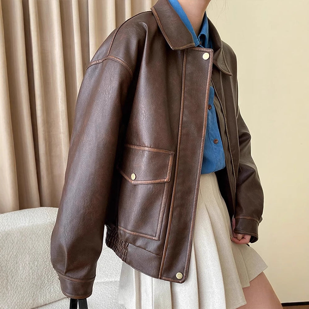 Women's Oversized Faux Leather Bomber Jacket with Shirt Collar, Zipper and Snap Button Cuffs Amarae