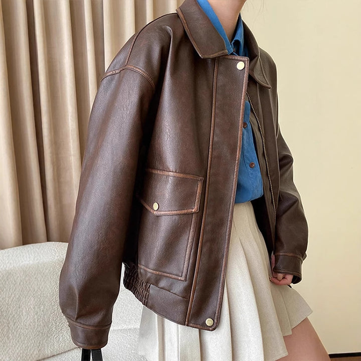 Women's Oversized Faux Leather Bomber Jacket with Shirt Collar, Zipper and Snap Button Cuffs Amarae