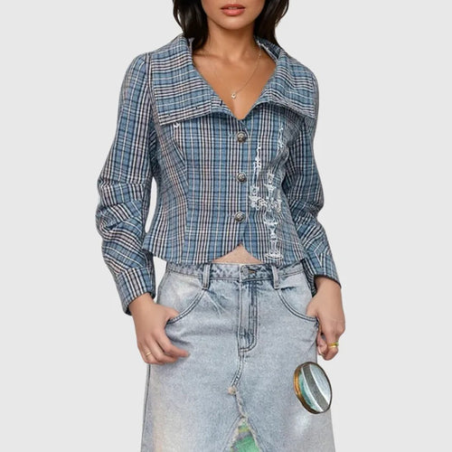 Checkered bomber jacket for women with high collar and unique details Amarae