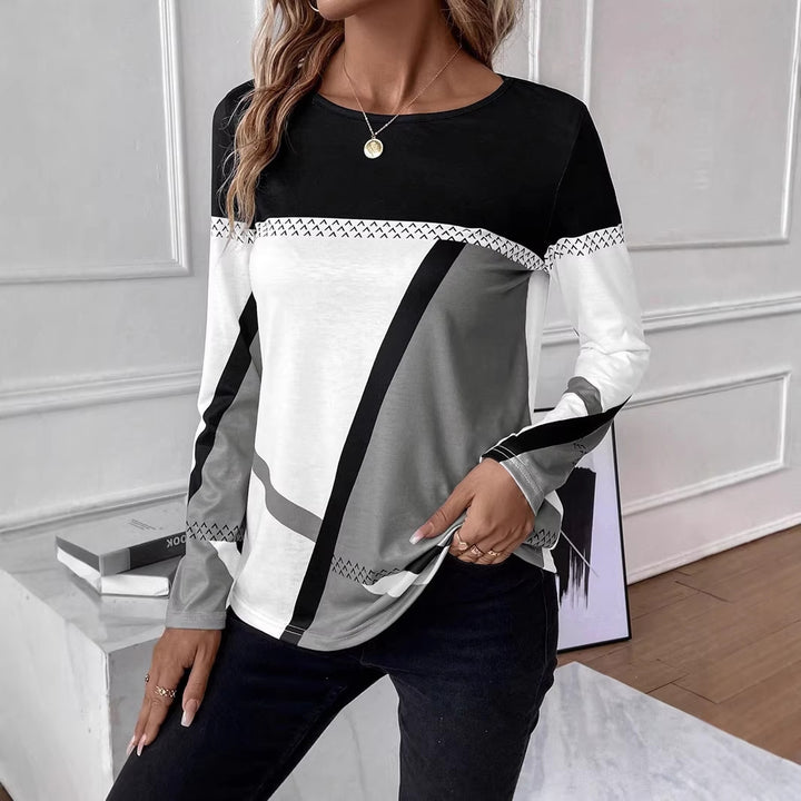 Women's Long Sleeve Shirt with Graphic Colorblock Design and Round Neck Amarae