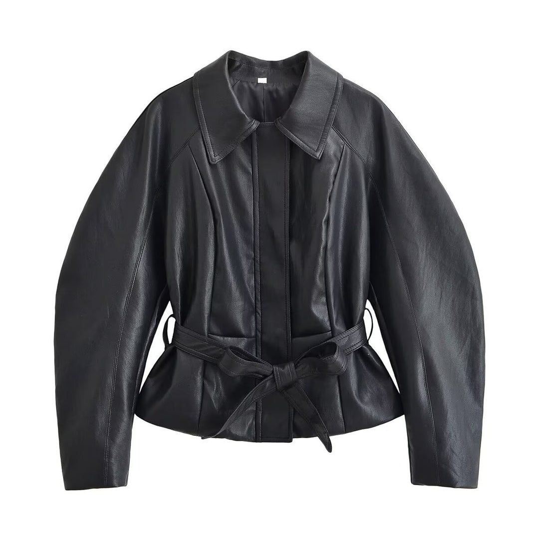 Women's Tailored Leather Look Jacket with Tie Belt and Balloon Sleeves Amarae