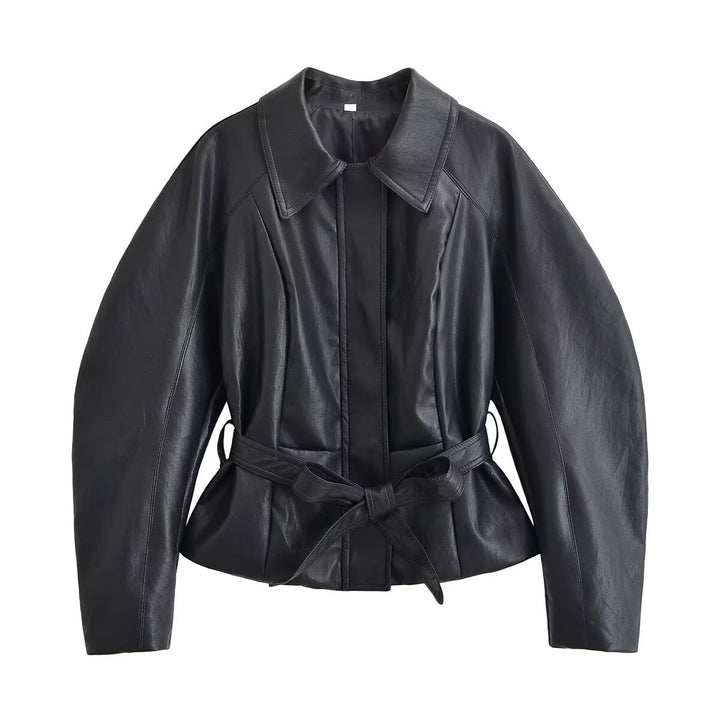 Women's Tailored Leather Look Jacket with Tie Belt and Balloon Sleeves Amarae