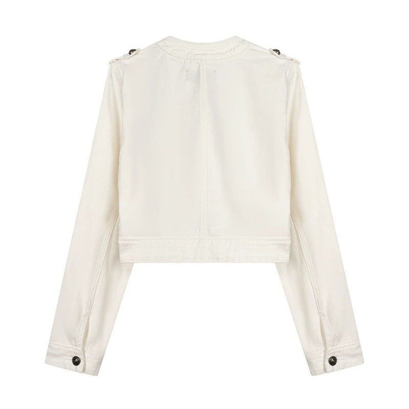 Women's Cropped Denim Jacket in Military Style with Decorative Button Strips Amarae