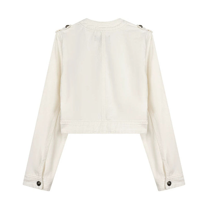 Women's Cropped Denim Jacket in Military Style with Decorative Button Strips Amarae