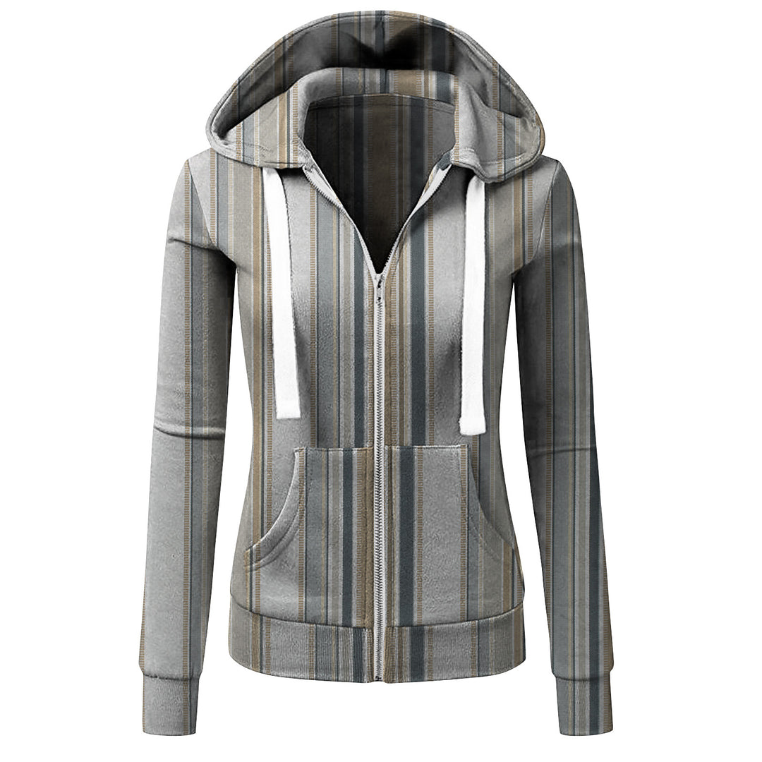 Women's Striped Hooded Jacket with Zipper, Kangaroo Pocket and Drawstring Amarae