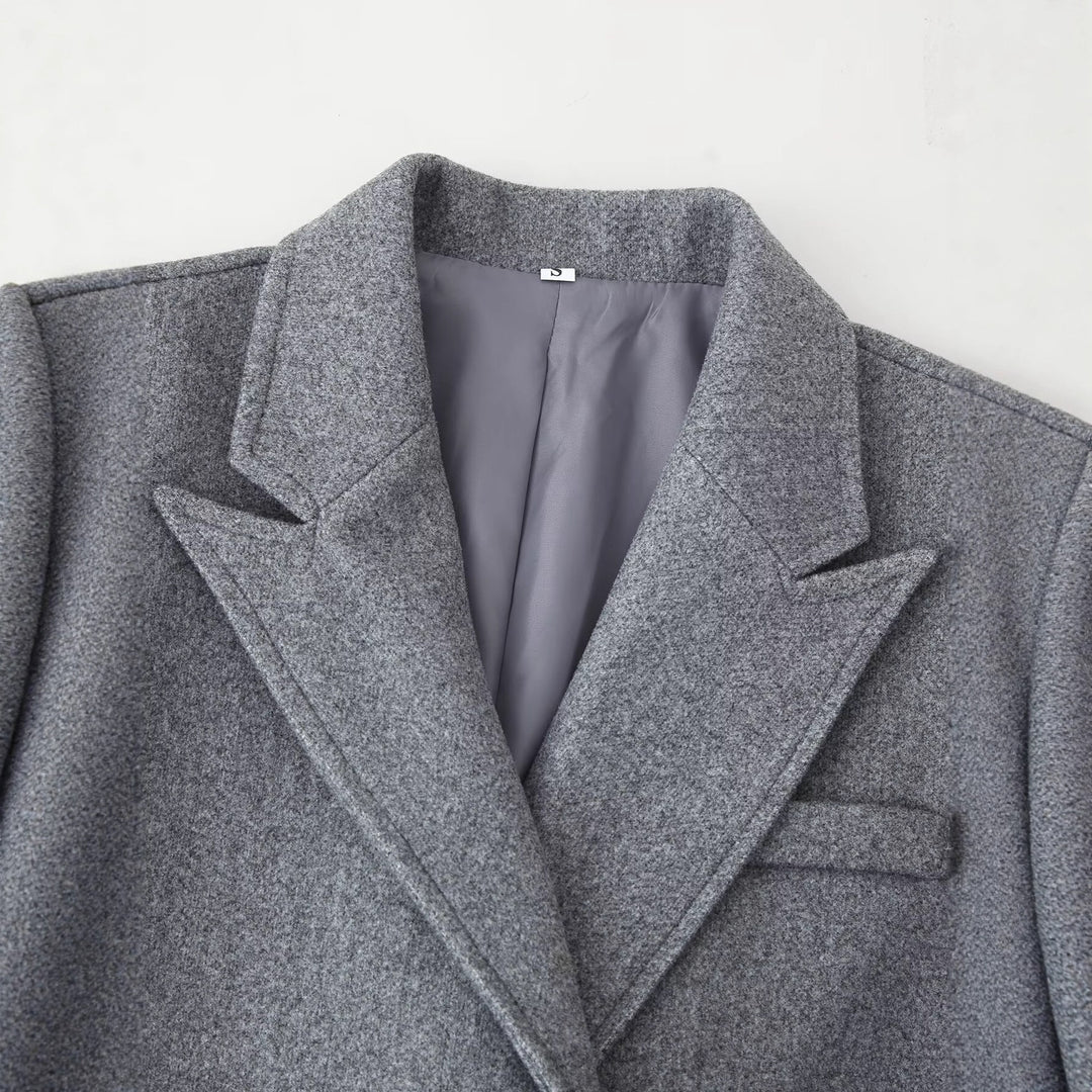 Women's Double-Breasted Wool Blend Coat with Fringe Hem and Draped Lapel Amarae