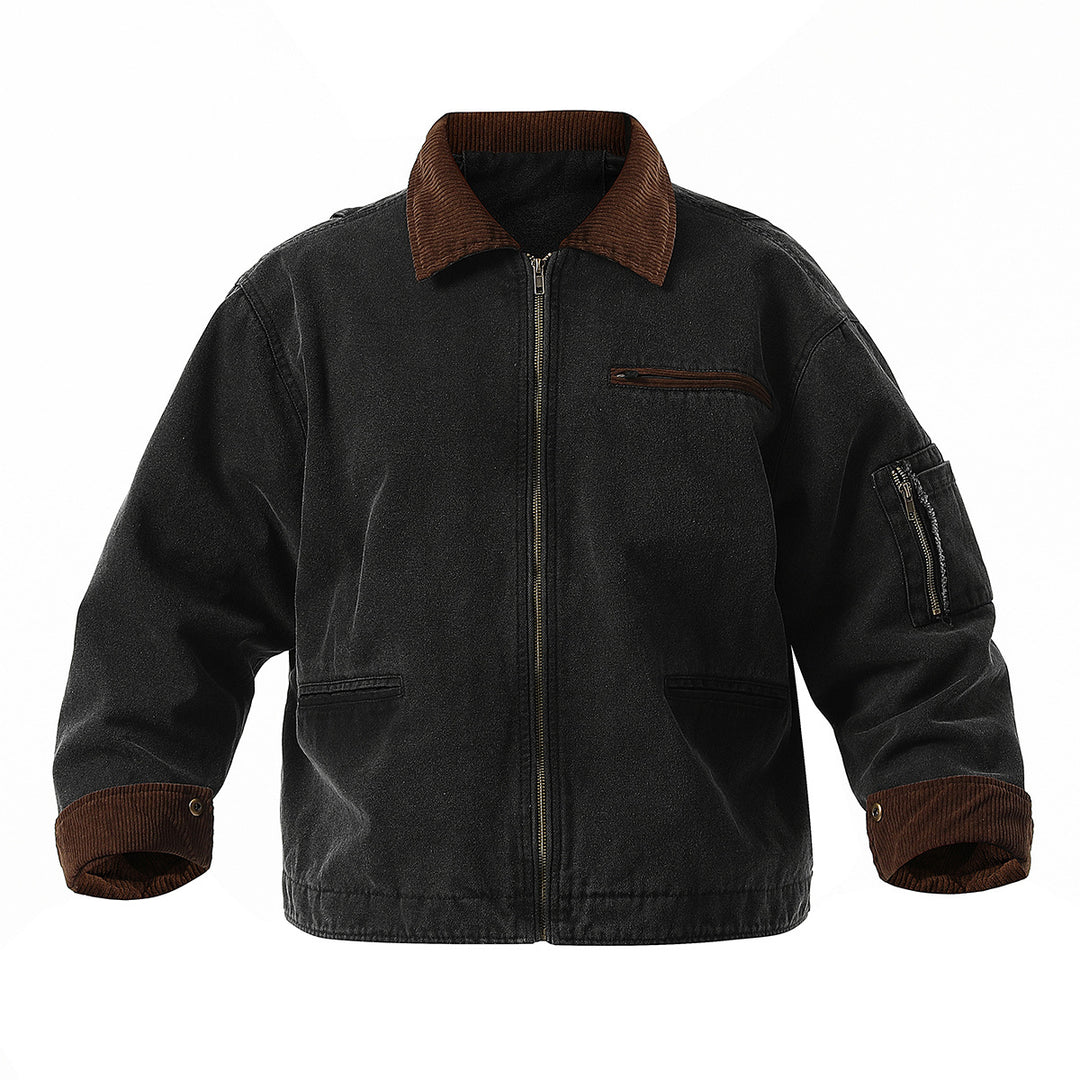Urban transition jacket for men with structured high collar and numerous practical pockets Lune London