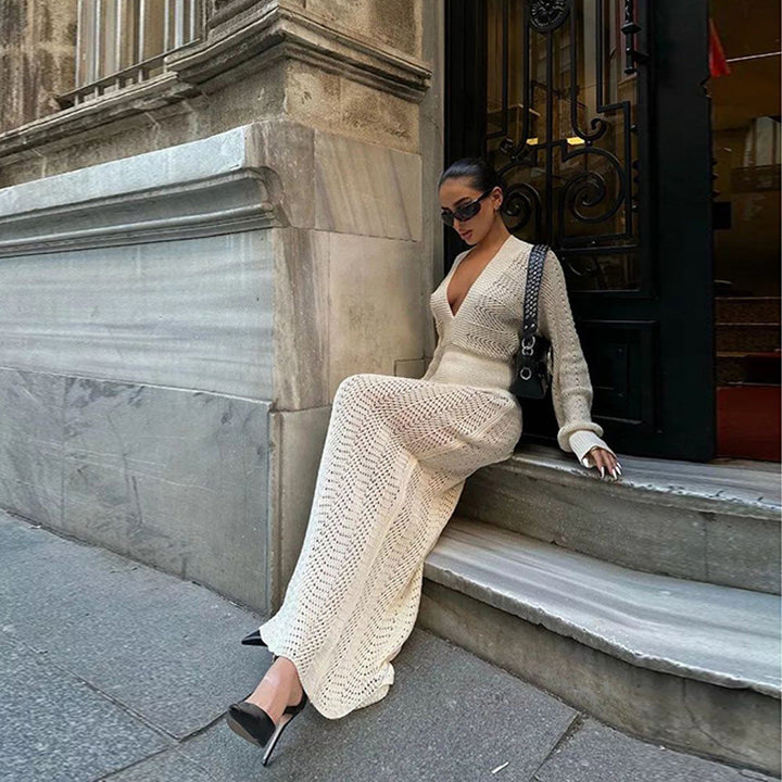 Elegant crochet maxi dress for women with deep V-neck and ribbed design Lune London