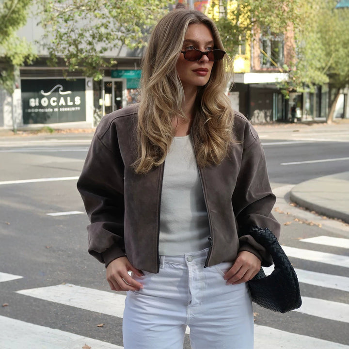 Women's Short Boxy Suede Bomber Jacket with Stand Collar and Ribbed Cuffs Amarae