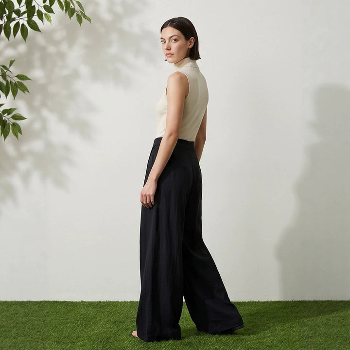 Women's High-Waist Wrap Palazzo Pants with Wide Leg and Flowing Linen Look Amarae