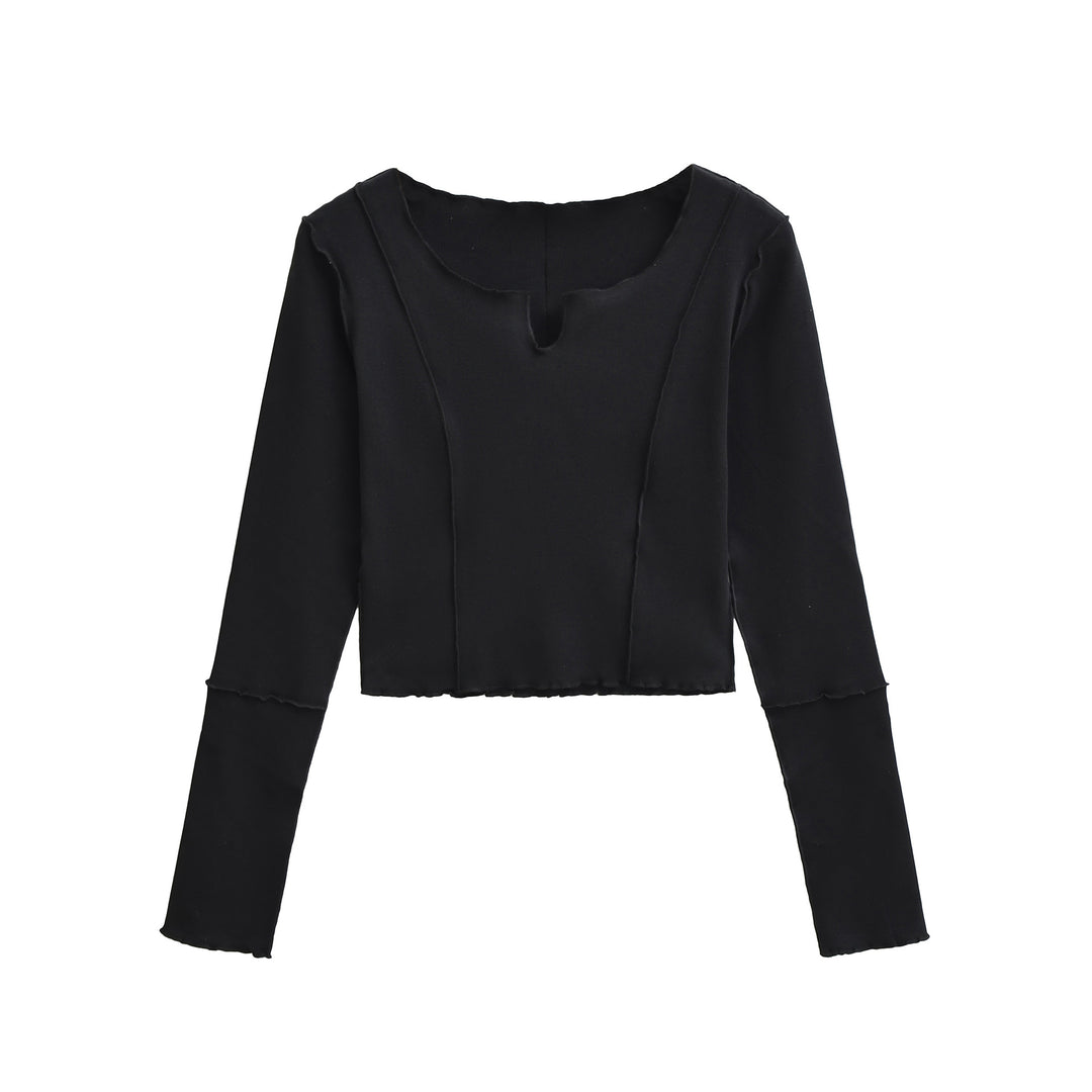 Women's Short Sleeve Long Sleeve Shirt with Visible Rolled Seams and Slit Collar Amarae