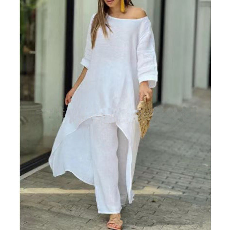 Women Lightweight Linen Two-Piece with Asymmetrical High-Low Tunic and Wide Palazzo Pants Amarae
