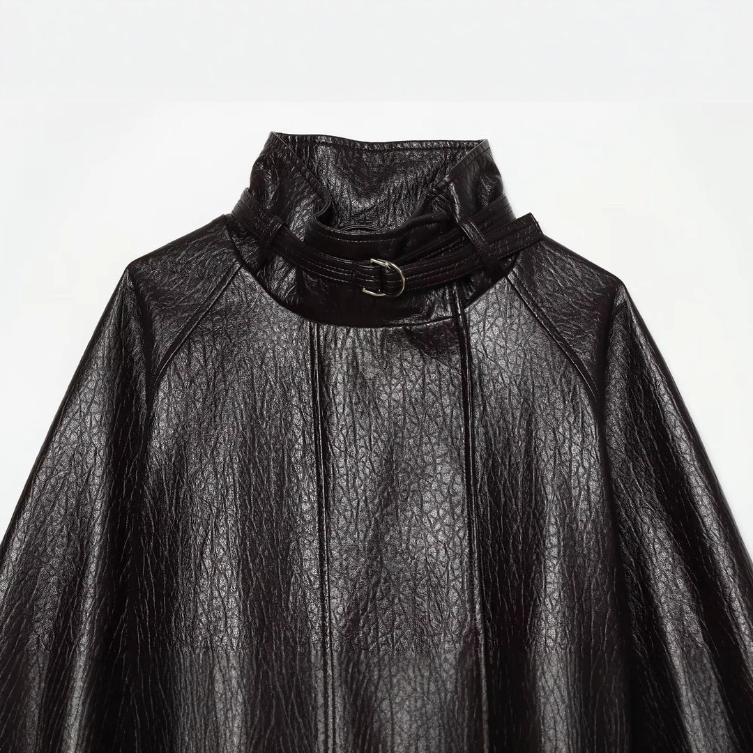Women's short jacket made of faux leather with high buckle collar and waist belt Amarae