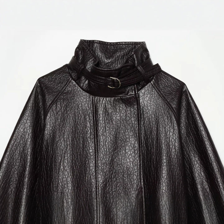 Women's short jacket made of faux leather with high buckle collar and waist belt Amarae